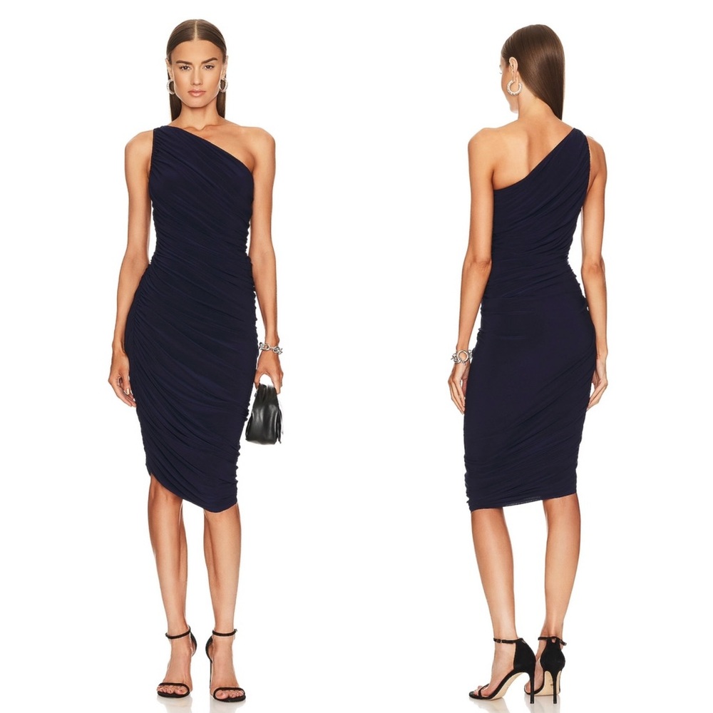 NWT Norma Kamali Diana One-Shoulder Ruched Dress to Knee in Midnight sz XS